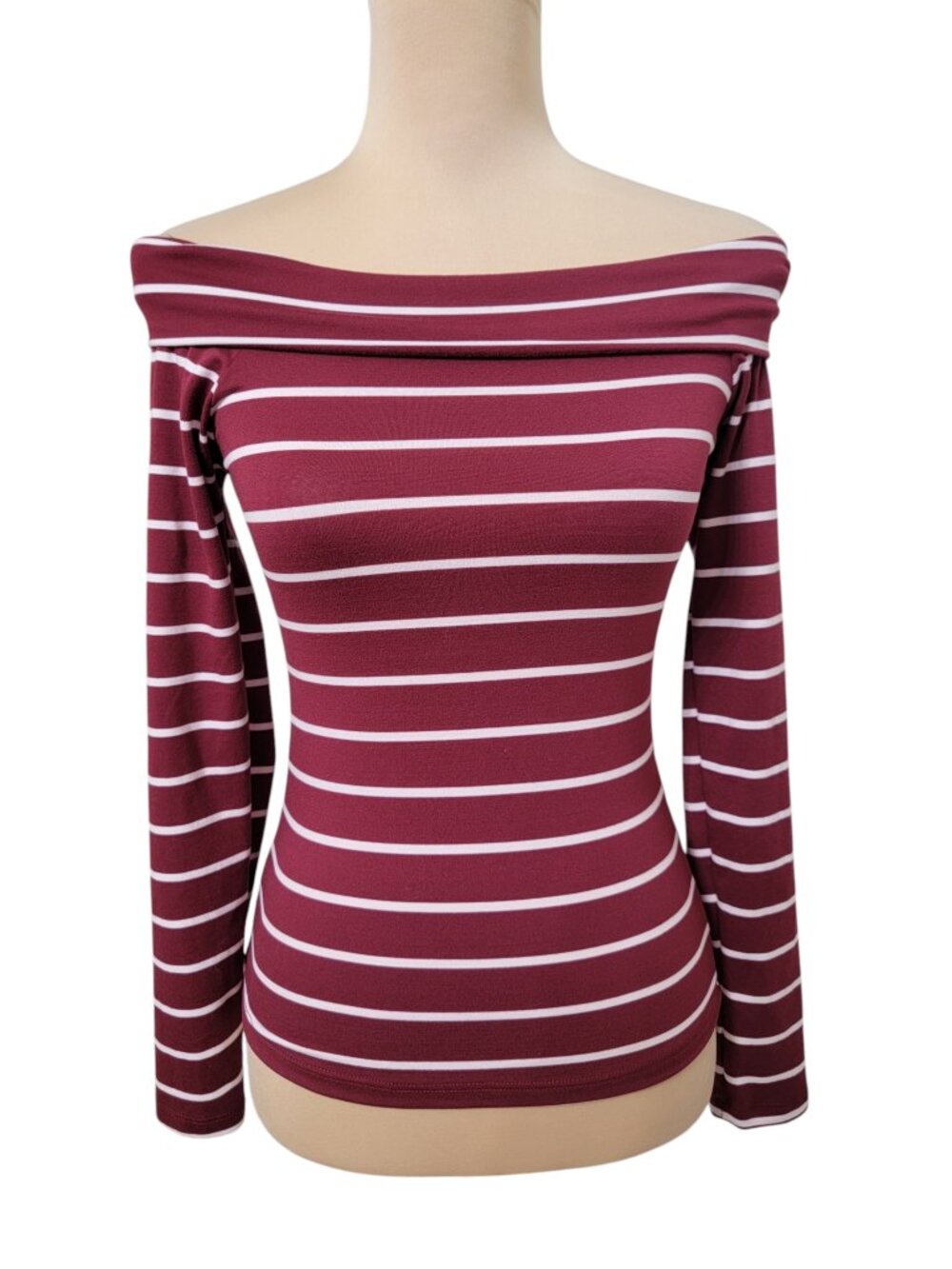 Capella Size S Maroon and White Striped Off-Shoulder Long Sleeve Top, NEW